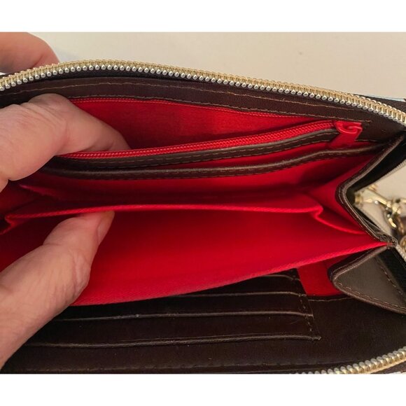 Dooney & Bourke Chevron Wristlet Wallet Brown & Blue Leather Red Interior - Picture 5 of 8